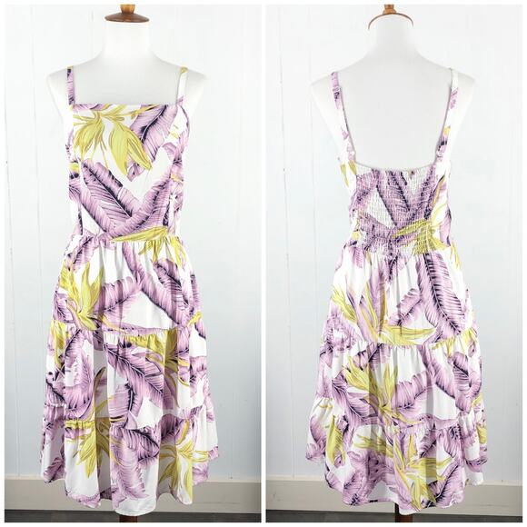 Loft Tiered Ruffle Dress Square Neck Spaghetti Strap Tropical Size 6 White Multi - Picture 1 of 16